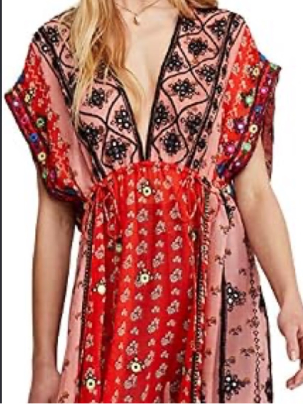 FREE PEOPLE
Bohemian Embroidered V-Neck Women’s Dress Top - Pink & Red